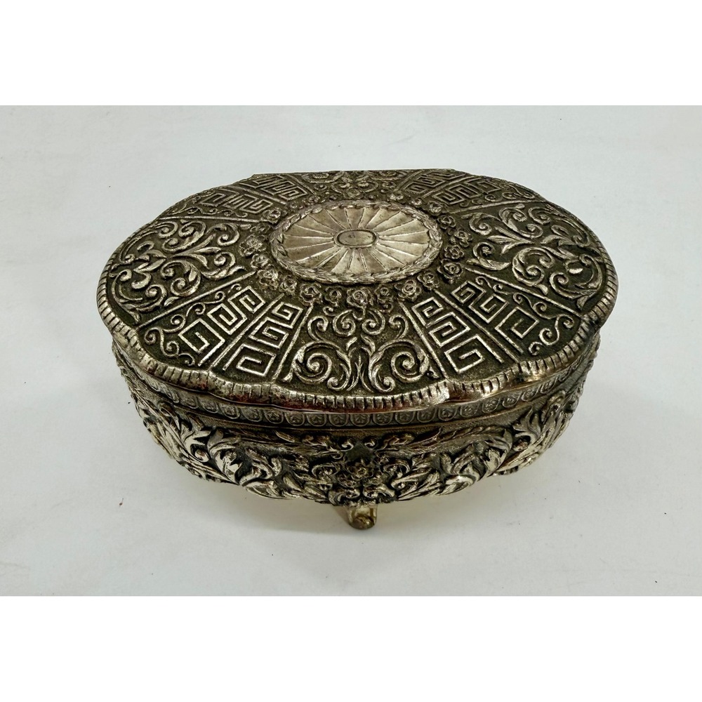 Jewelry Trinket Box Silver Plate Ornate Footed Floral Greek Key Vintage